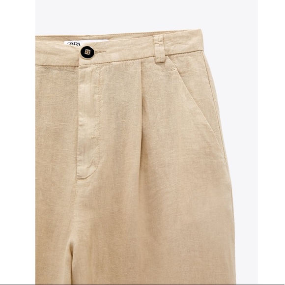 NWT Zara High-Waisted Pleated Wide Leg Linen Pants In Sand Sz:L - Picture 5 of 7